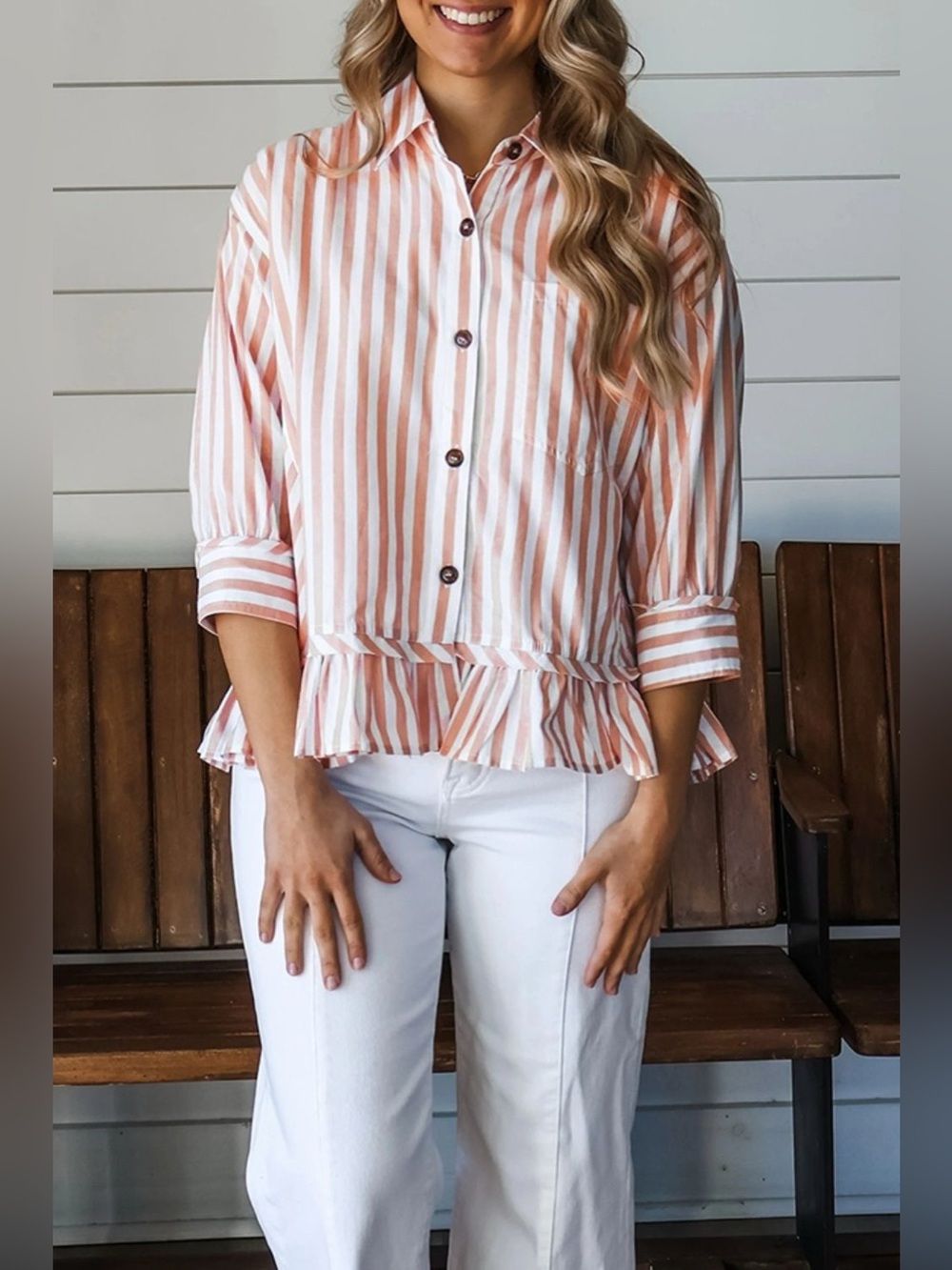 Stripe Collar Button Front Bracelet Sleeve Ruffle Hem Shirt